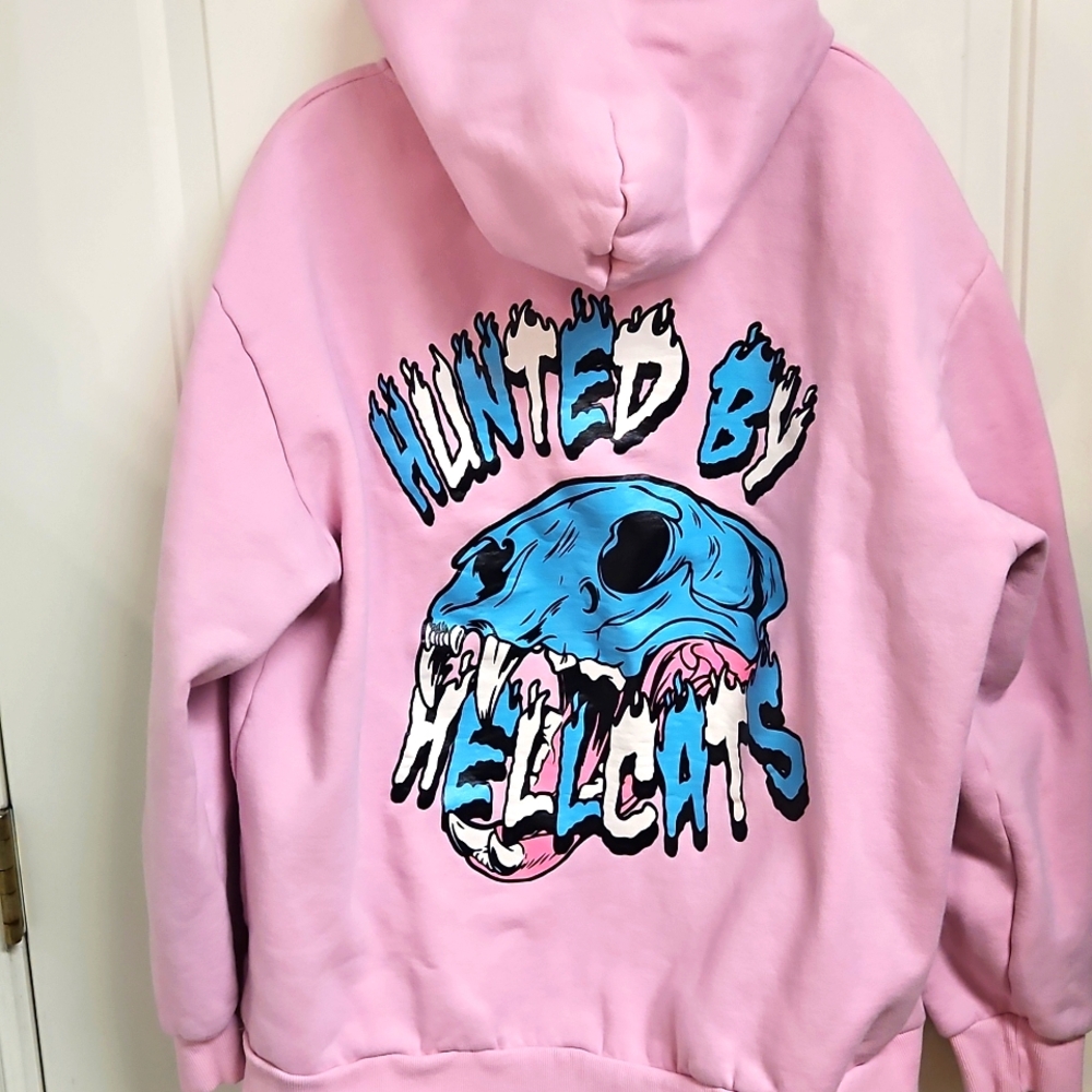 SUGARHILL Hell Cats Pink Graphic Hoodie with Skull Design - Picture 5 of 8